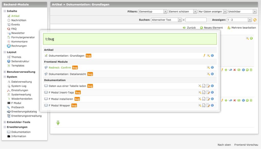 Ansatz von Taxonomy in der Backend-Suche